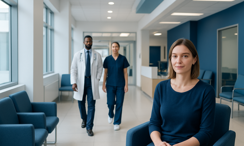 Healthcare professionals in a hospital corridor with a patient sitting in the foreground.
