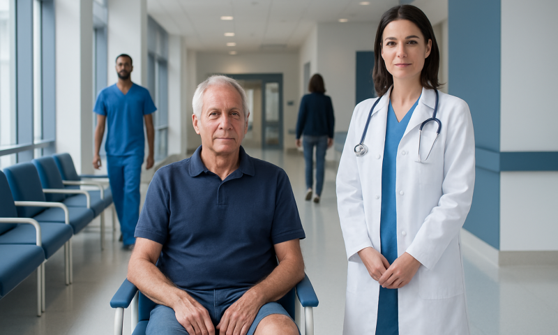 Patient with doctor in hospital corridor, healthcare setting.