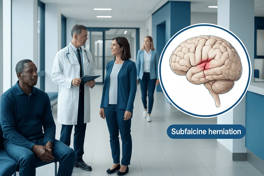 Subfalcine Herniation: A Complete Medical Overview 1 Medical professionals discussing brain herniation in hospital corridor.