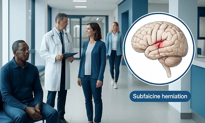 Medical professionals discussing brain herniation in hospital corridor.