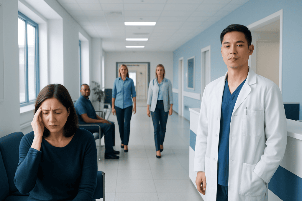 Sugar Headache Treatment: How It Works, Results and What to Expect 1 Doctor and patients in a hospital corridor, woman with headache.