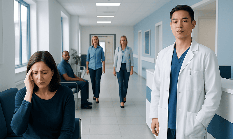 Doctor and patients in a hospital corridor, woman with headache.