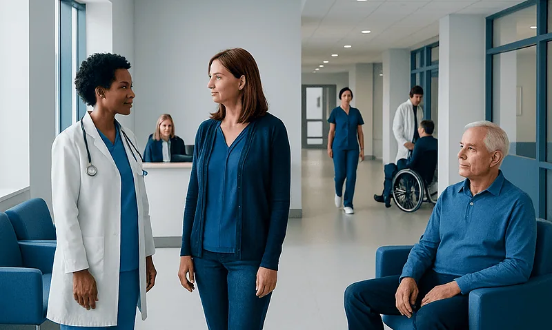 Medical staff and patient in hospital corridor at Acibadem Hospitals Group.