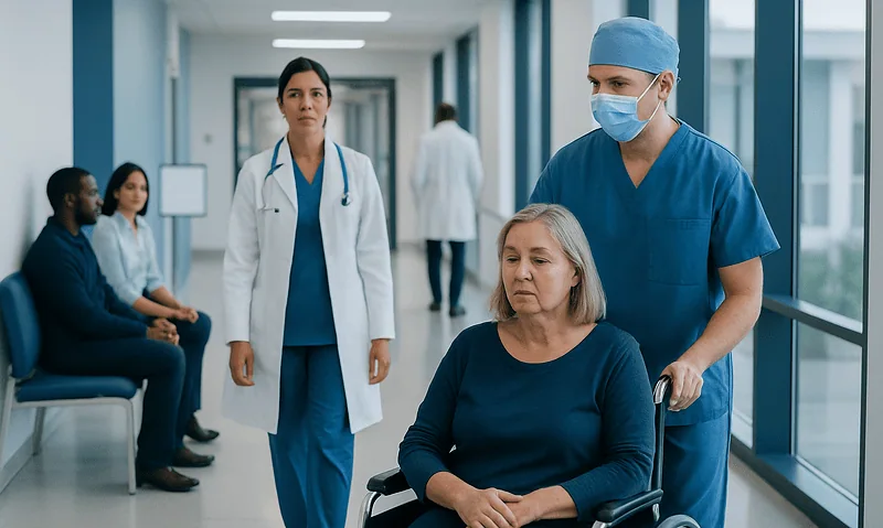 Medical team assisting a patient in a hospital corridor.