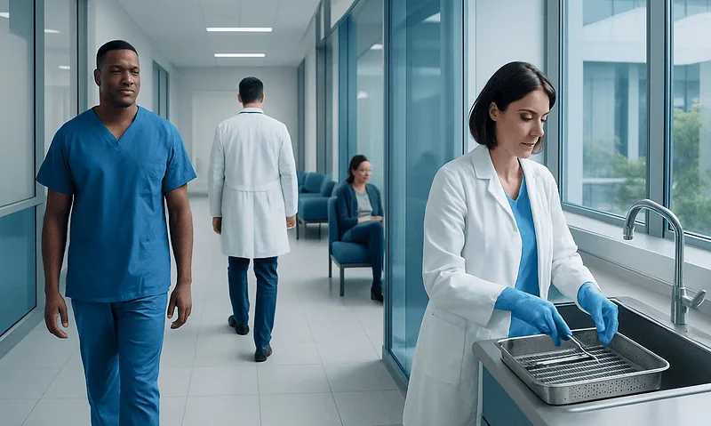 Healthcare professionals in a hospital corridor preparing surgical instruments.