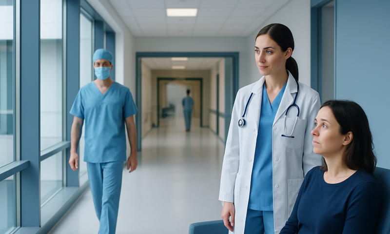 Medical professionals discussing patient care in hospital corridor.