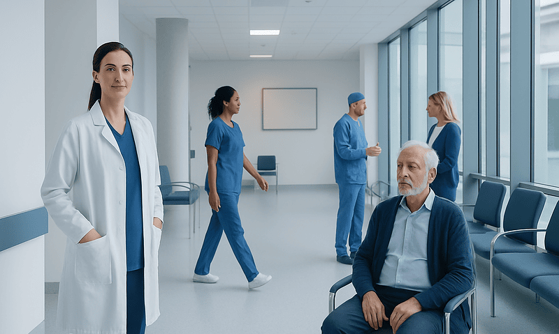 Medical team and patient in hospital corridor at Acibadem Hospitals Group.