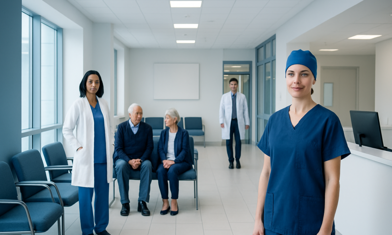 Healthcare professionals and patients in a hospital waiting area.