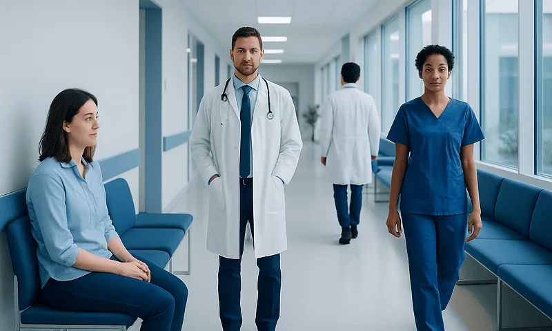 Medical team in hospital corridor with patients and staff.