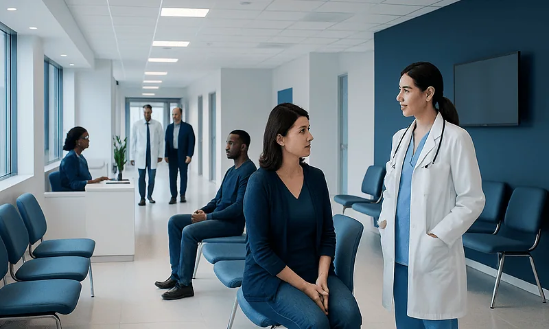 Medical consultation in a modern hospital waiting area with healthcare professionals and patients.