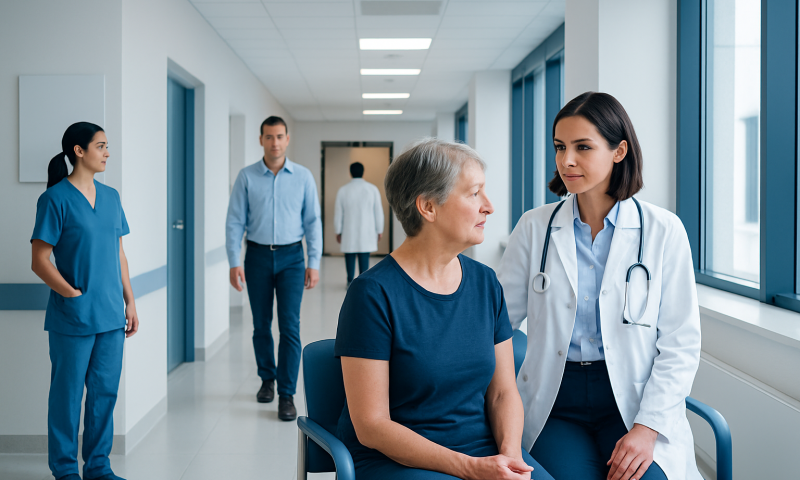 Doctor consulting elderly patient in hospital corridor with staff in background.