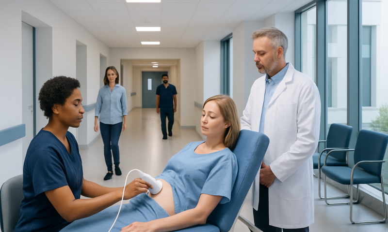Patient undergoing ultrasound breast exam in a hospital corridor.