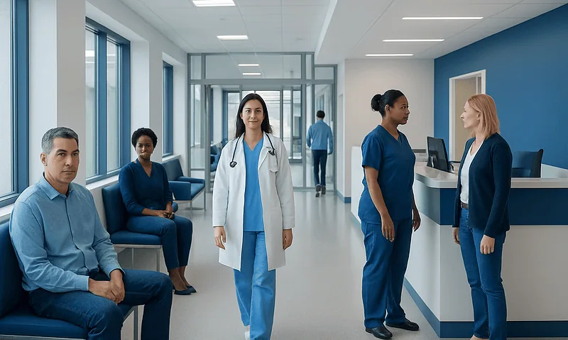Healthcare professionals and patients in a modern hospital corridor.