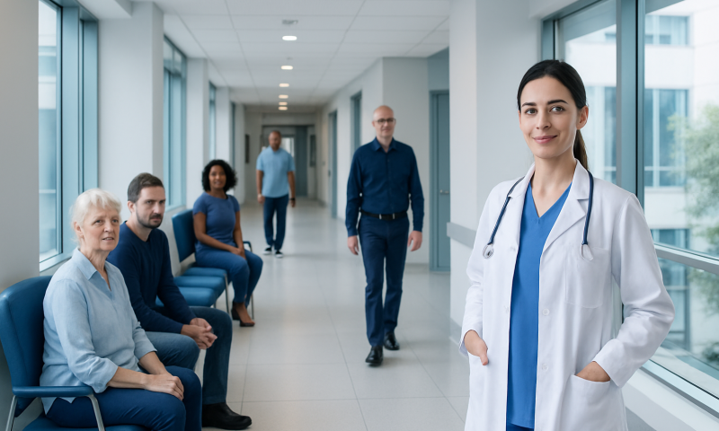 Healthcare professionals and patients in a modern hospital corridor.