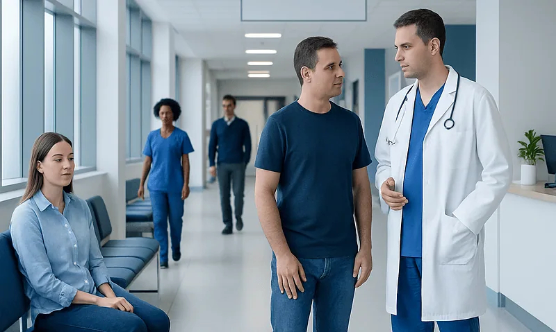 Doctor consulting male patient in hospital corridor with medical staff in background.