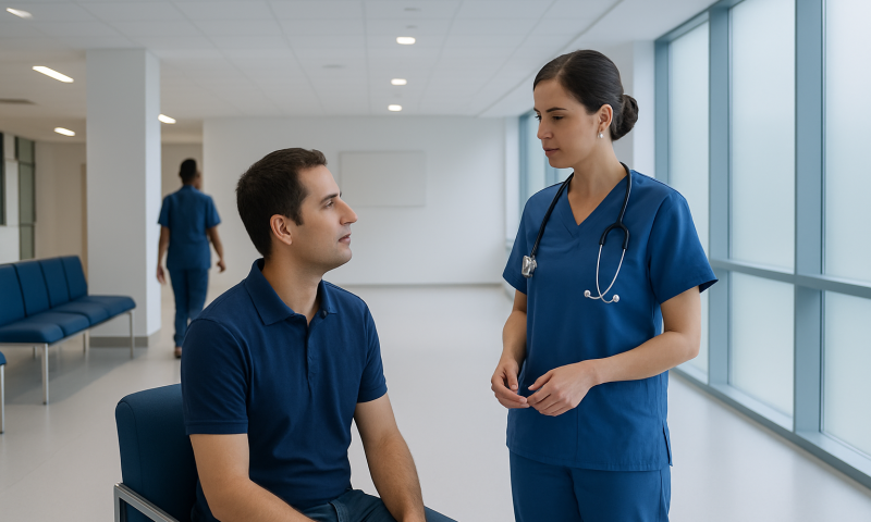 Doctor consulting male patient in hospital corridor with large windows.