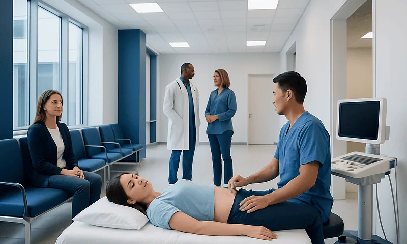 Doctor performing ultrasound on pregnant woman in hospital corridor.