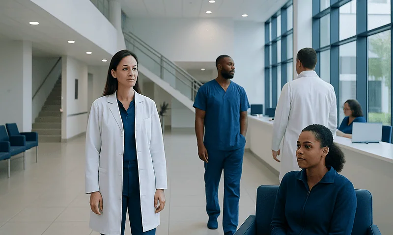 Medical professionals and patients in a modern hospital lobby.