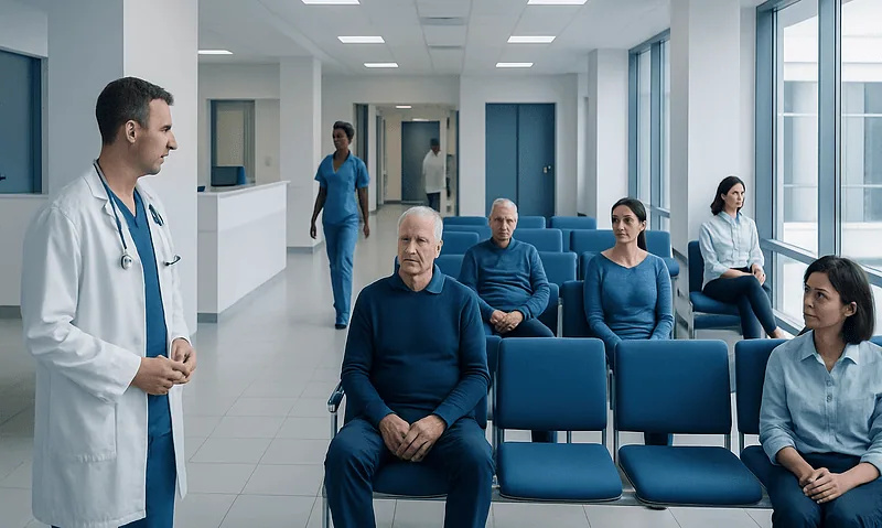 Doctor consulting elderly patients in a modern hospital waiting area.