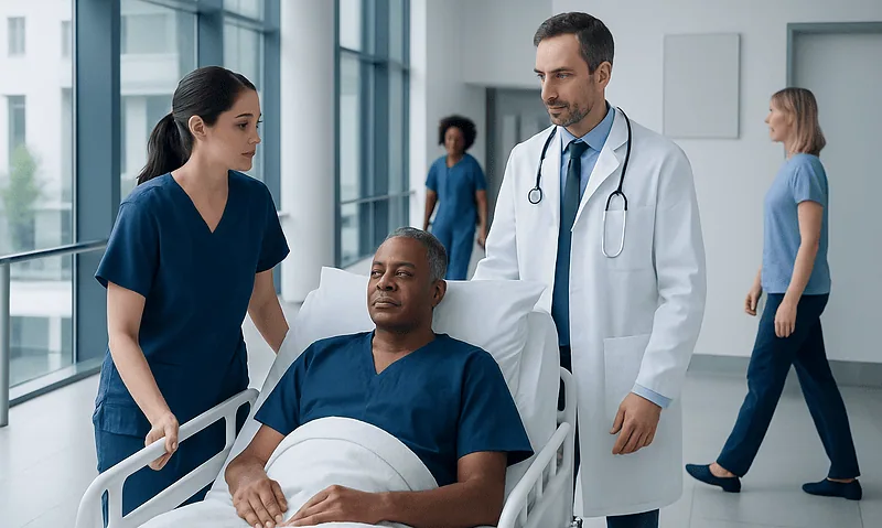 Medical team consulting with patient in hospital corridor.