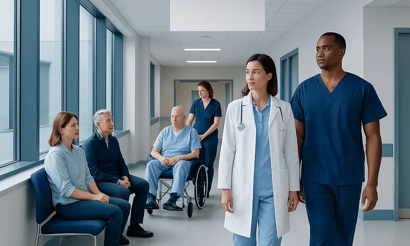 Medical team and patients in hospital corridor at Acibadem Hospitals Group.