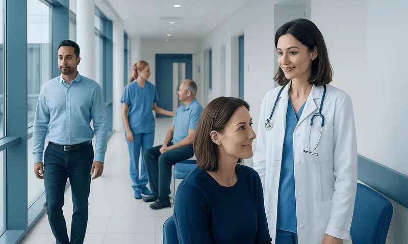 Healthcare professionals in a hospital corridor with a patient and staff.