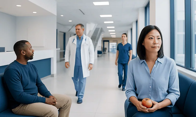 Patients and doctors in a modern hospital corridor at Acibadem Hospitals Group.