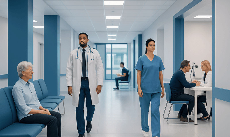 Medical staff and patients in a modern hospital corridor.