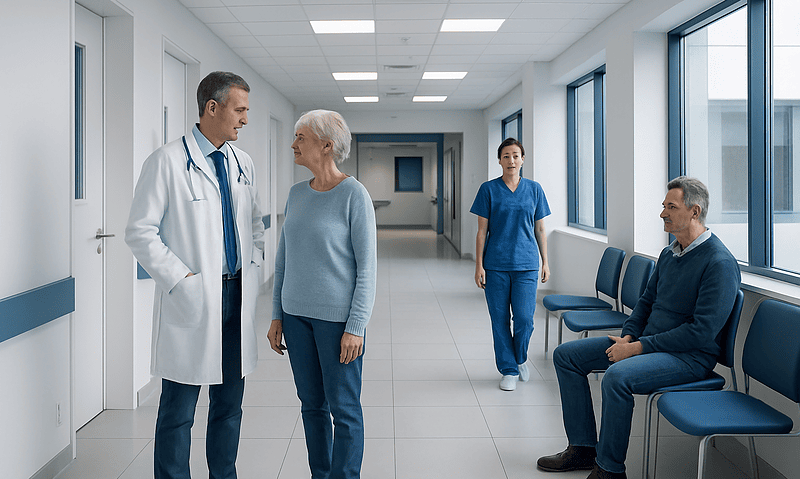 Doctor talking to elderly patient in hospital corridor with staff and patient.