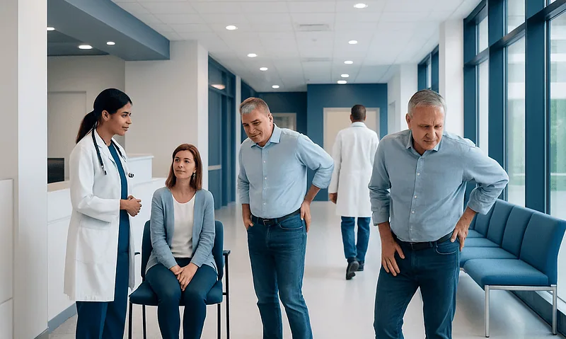 Medical professionals and patients in a hospital corridor at Acibadem Hospitals Group.