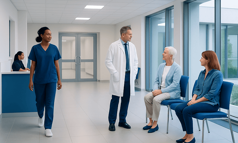 Medical consultation at Acibadem Hospital with healthcare professionals and patient.