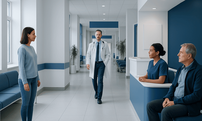 Patient speaking with medical staff in hospital corridor.