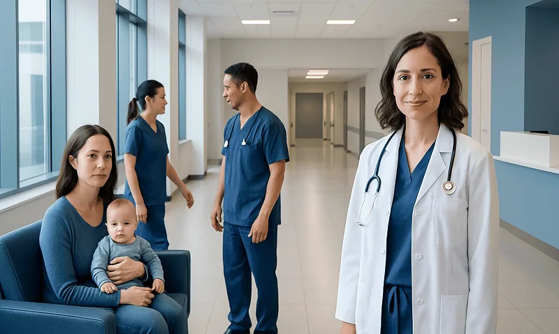 Healthcare professionals and a mother with a baby in a hospital corridor.