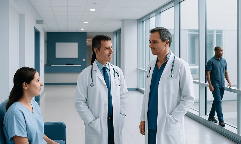 Medical team discussing patient care in a modern hospital corridor.