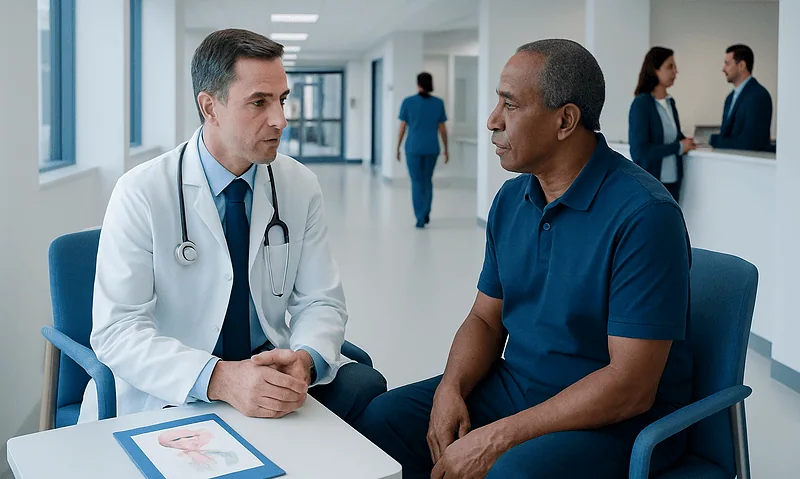 Doctor consulting with patient in hospital corridor for prostate health discussion.