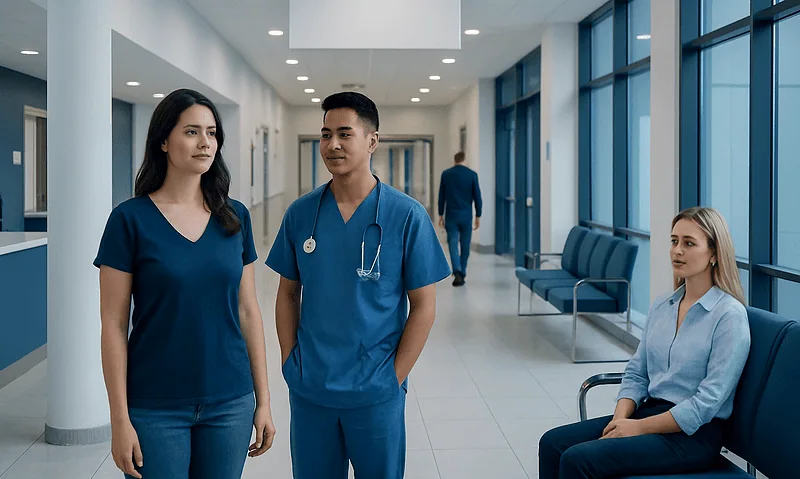 Medical professionals and patient in hospital corridor at Acibadem Hospitals Group.