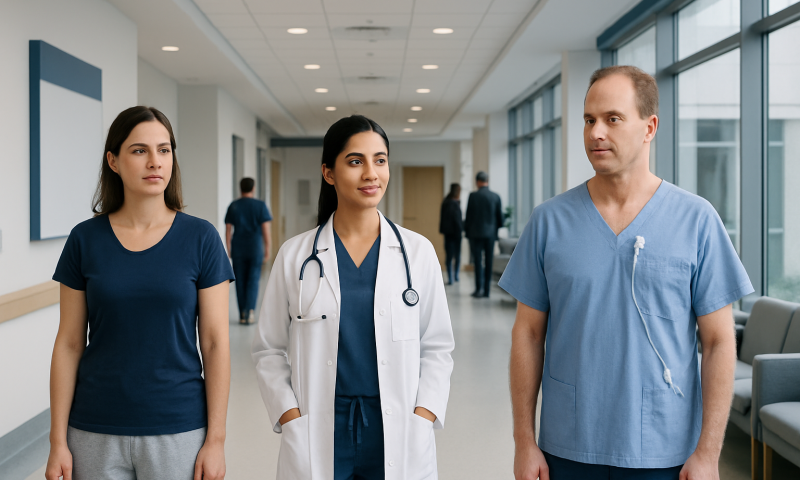 Medical professionals walking in hospital corridor with patient care focus.