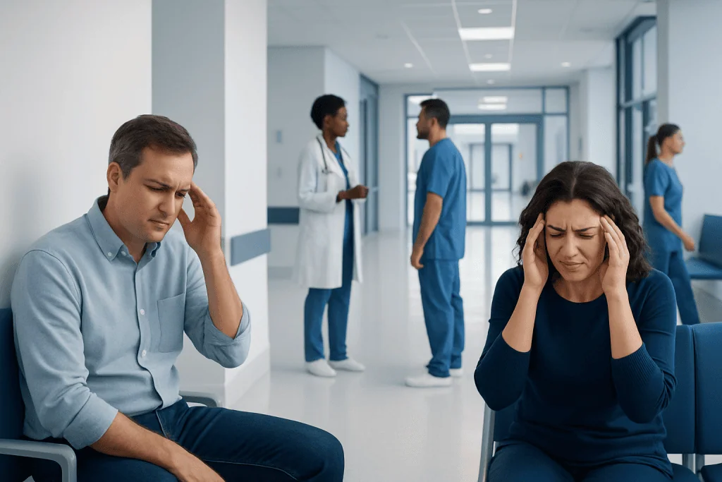 Difference Between Headache and Migraine: Possible Causes and When to Seek Care 1 Patients with headache symptoms in a hospital corridor.