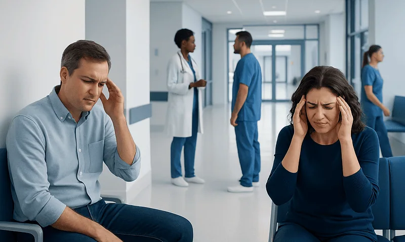Patients with headache symptoms in a hospital corridor.