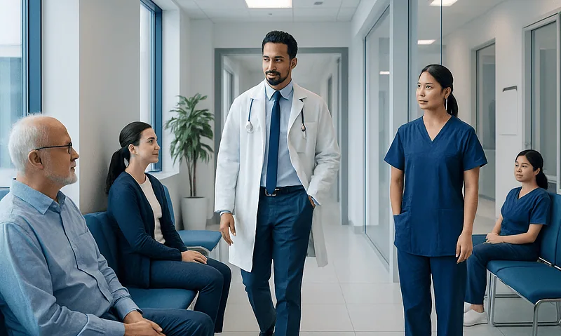 Dmek Procedure: An Evidence-Based Patient Guide 8 Doctor consulting with patients in a hospital corridor.