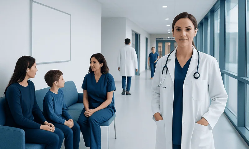 Doctor with children and parent in hospital corridor at Acibadem Hospitals.