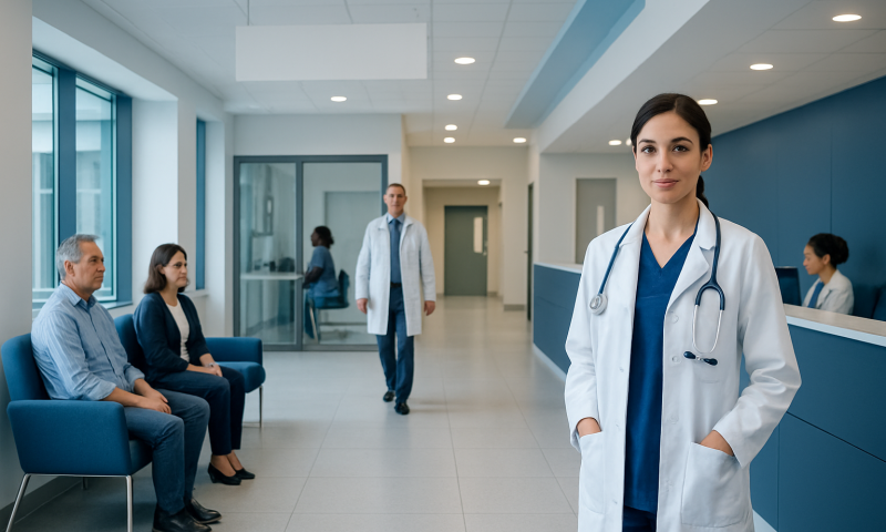Healthcare professionals and patients in a modern hospital corridor.