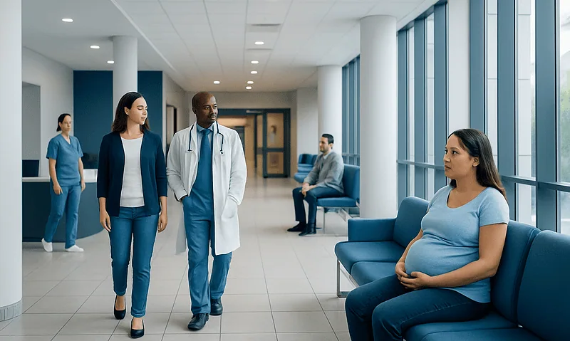 Pregnant woman waiting in hospital corridor with medical staff and visitors.