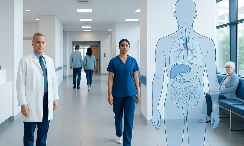 Medical professionals in a hospital corridor with a digital digestive system diagram.