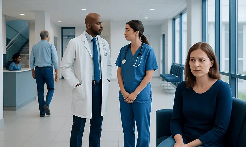 Medical professionals consulting in hospital corridor with patient nearby.