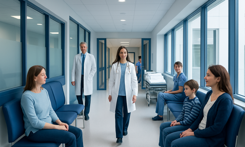 Medical staff and patients in a hospital corridor.