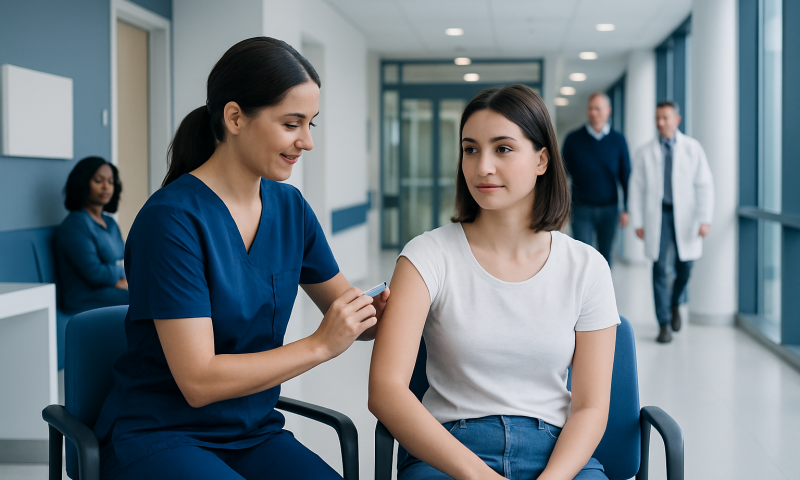Nurse administering Gardasil vaccine to a young woman in a hospital corridor.