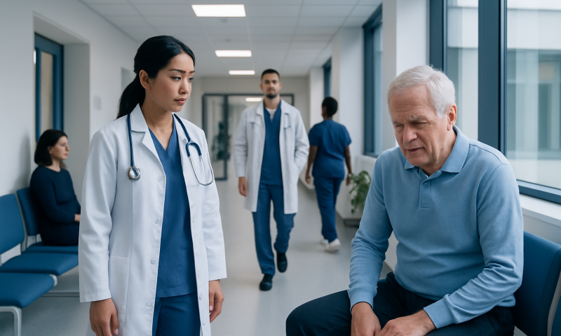 Doctor consulting an elderly patient in a hospital corridor.