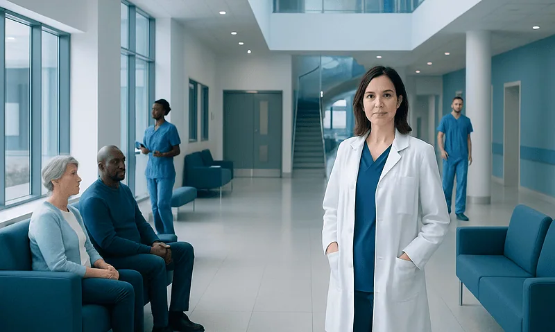 Healthcare professionals and patients in a modern hospital lobby.