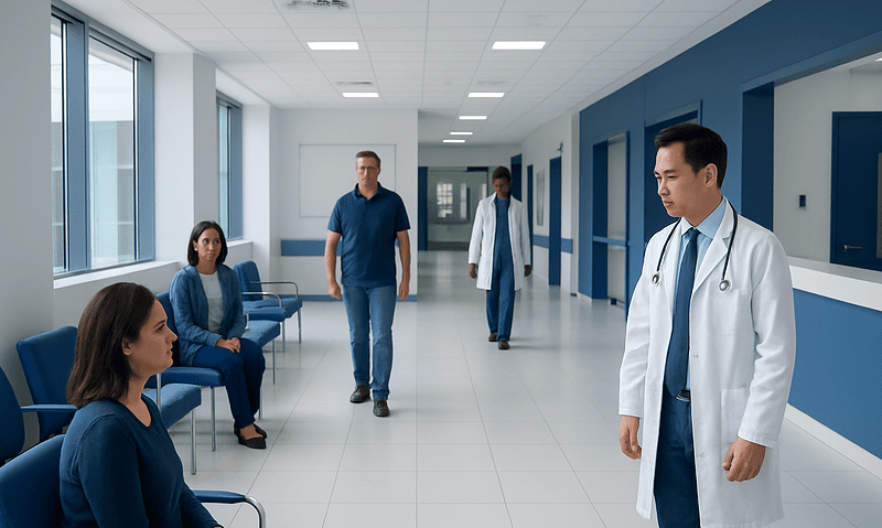 Doctors and patients in a modern hospital corridor.